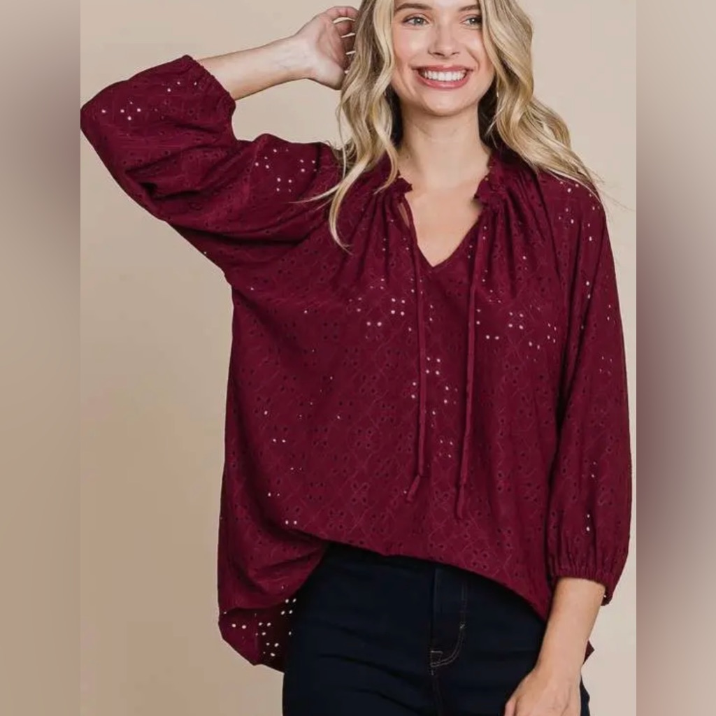 Womens Burgundy Eyelet Blouse Boutique Brand Culture Code New